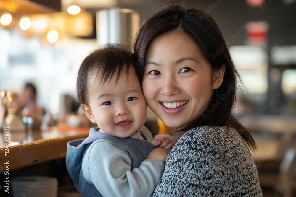 A happy mother and a small child of Asian appearance are having breakfast in a restaurant. Happy family in a modern restaurant. Candid lifestyle photography. A happy mother and a small child of Asian appearance are having breakfast in a restaurant. Happy family in a modern restaurant. Candid lifestyle photography.