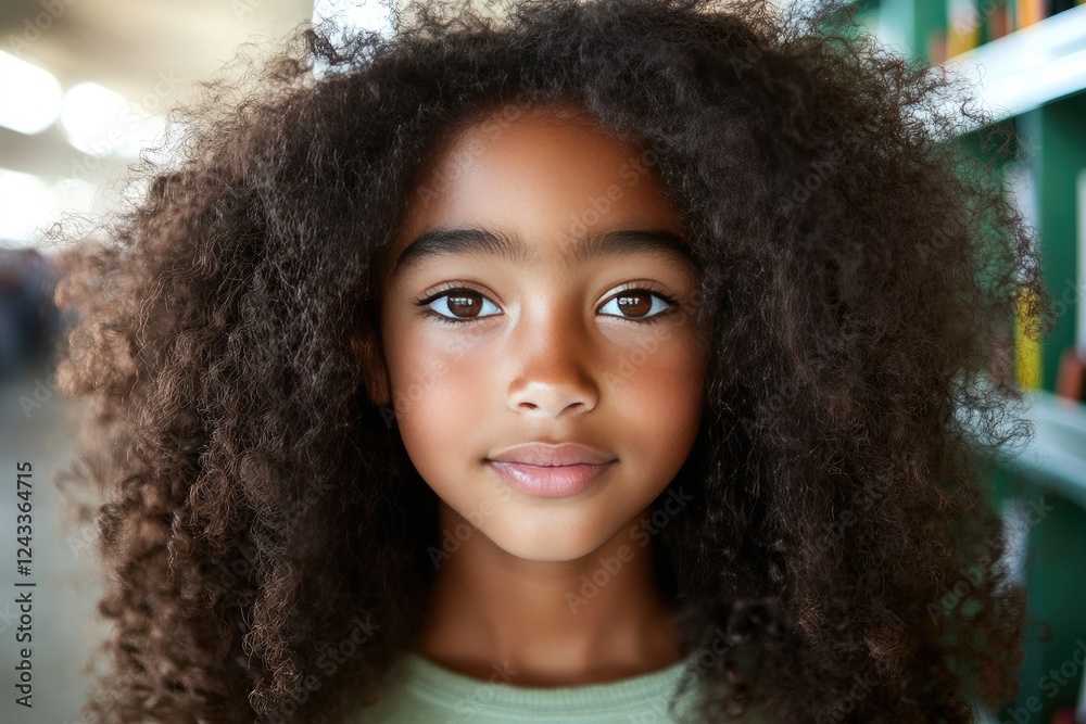 Portrait of a Young Girl with Natural Curls in a Library Setting Portrait of a Young Girl with Natural Curls in a Library Setting