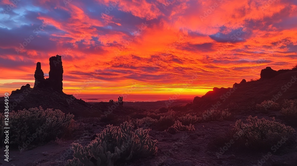 Obraz premium A stunning sunset over rocky formations, highlighting vibrant colors and natural beauty.