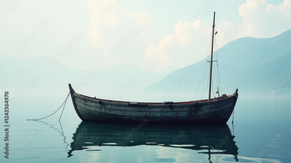 A fishing boat floats serenely on a calm lake with misty mountains in the background, creating a tranquil and picturesque scene.