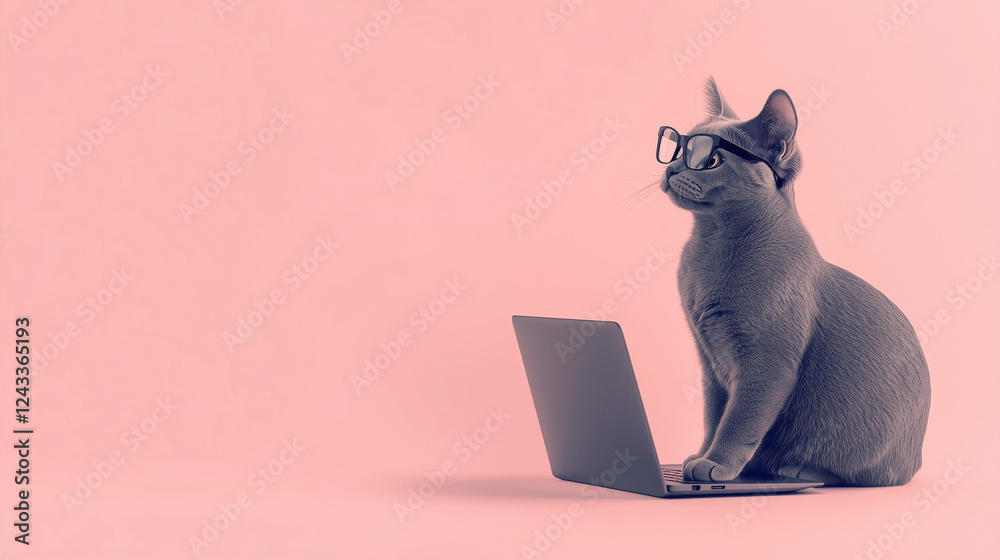 Fototapeta premium ピンクの背景でメガネをかけてパソコンに向かうかわいい猫のイラスト