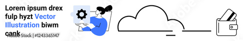 Woman using laptop with gear icon, large cloud, wallet with cards. Text overlay on left. Ideal for tech services, cloud computing, digital transactions, online banking, financial management fintech