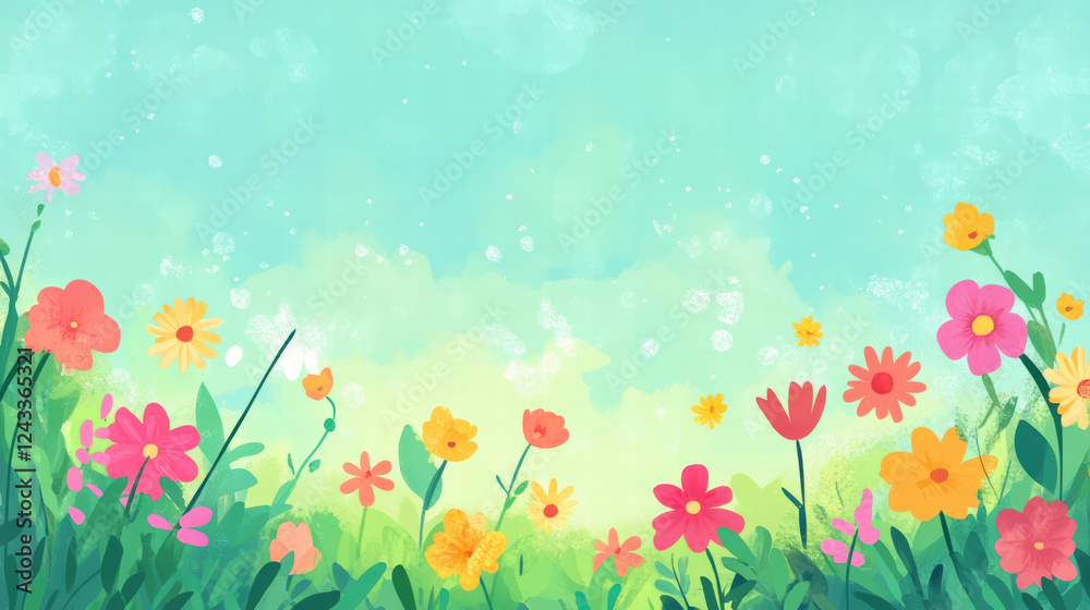 bright and colorful flower field in full bloom, showcasing vibrant flowers against soft blue sky. This cheerful scene evokes feelings of joy and tranquility