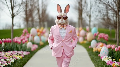 A fashionable rabbit in a tailored pink suit and sunglasses confidently walks along a festive garden path decorated with colorful Easter eggs and blooming flowers, Happy Easter concept