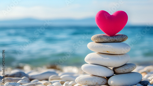 heart shaped stones , A pink heart next to a tower of white pebbles on the background of the sea , Romantic travel concept valentines day 
 photo