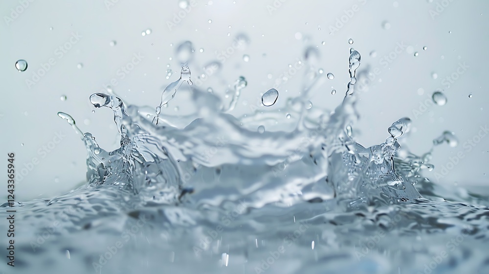 A clear splash of sparkling water, droplets flying against a pristine white backdrop. A clear splash of sparkling water, droplets flying against a pristine white backdrop.