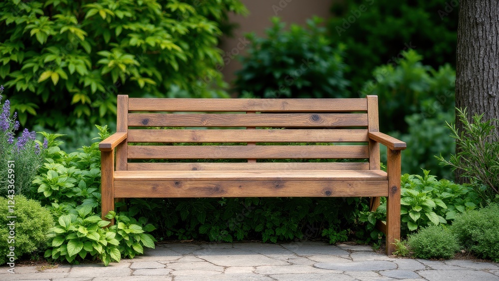 A wooden garden bench surrounded by lush green plants and foliage, perfect for a serene outdoor setting. A wooden garden bench surrounded by lush green plants and foliage, perfect for a serene outdoor setting.
