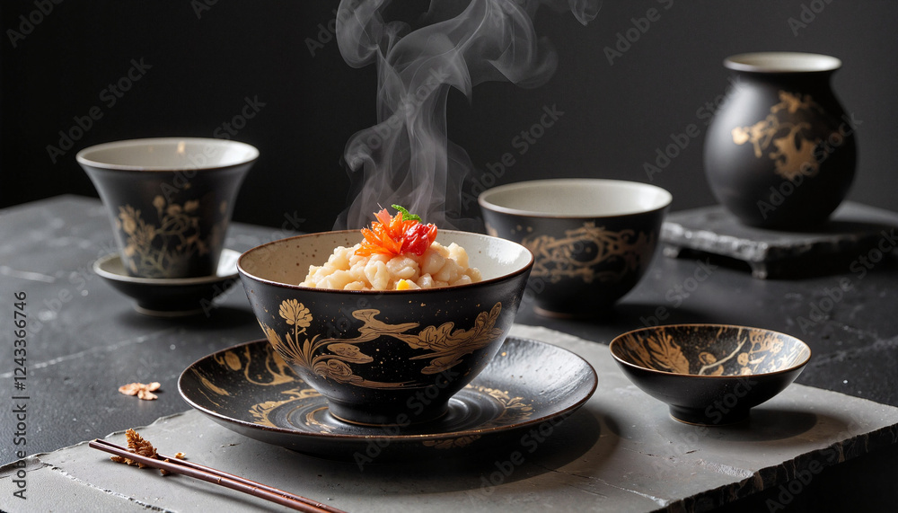 Elegant sake set with steaming rice bowl on minimalistic surface, culinary art Elegant sake set with steaming rice bowl on minimalistic surface, culinary art