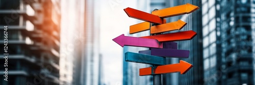 Colorful arrows on a signpost are pointing in different directions, symbolizing choices, opportunities, and career paths in a bustling urban environment with skyscrapers photo