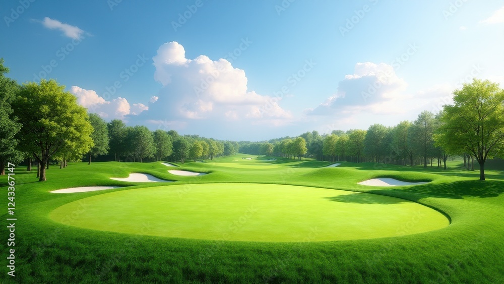 A beautifully maintained golf course with lush green fairways, sand bunkers, and surrounding trees under a bright blue sky with fluffy clouds. A beautifully maintained golf course with lush green fairways, sand bunkers, and surrounding trees under a bright blue sky with fluffy clouds.