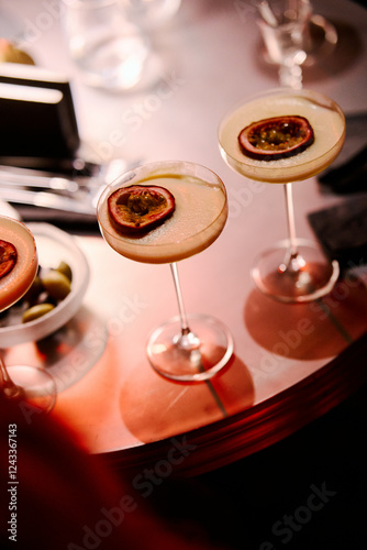 An aesthetic cocktail on the table at night in a restaurant