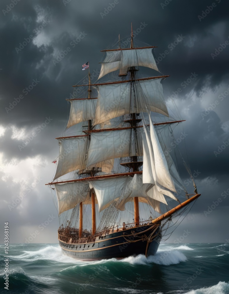 Tall ship with white sails in turbulent stormy weather, waves, sailboat