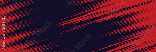 Halftone dots red and blue color pattern gradient grunge texture background. Dot pop art comic sport style vector illustration.