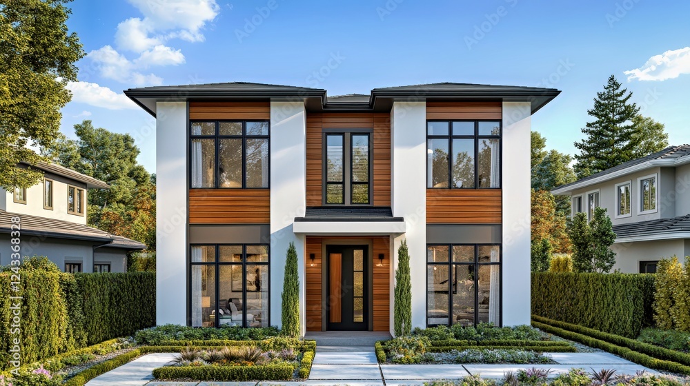 Modern house with contemporary architecture. Elegant residential building with a sophisticated facade. Ideal for real estate, this property offers luxury living in a serene neighborhood. Modern house with contemporary architecture. Elegant residential building with a sophisticated facade. Ideal for real estate, this property offers luxury living in a serene neighborhood.