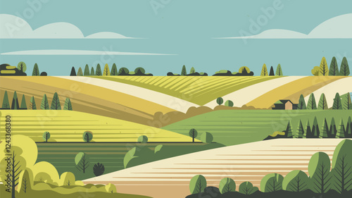 Flat Rural Landscape with Rolling Hills