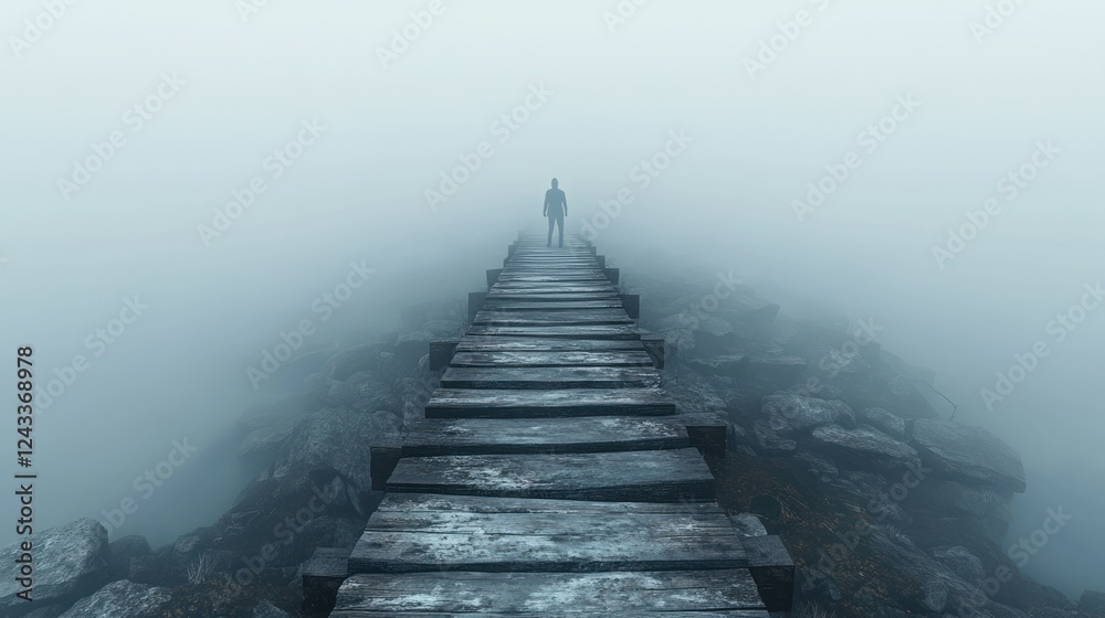 Fototapeta premium Fog envelops a solitary figure walking along a wooden pier in a serene, mysterious setting. Generative AI