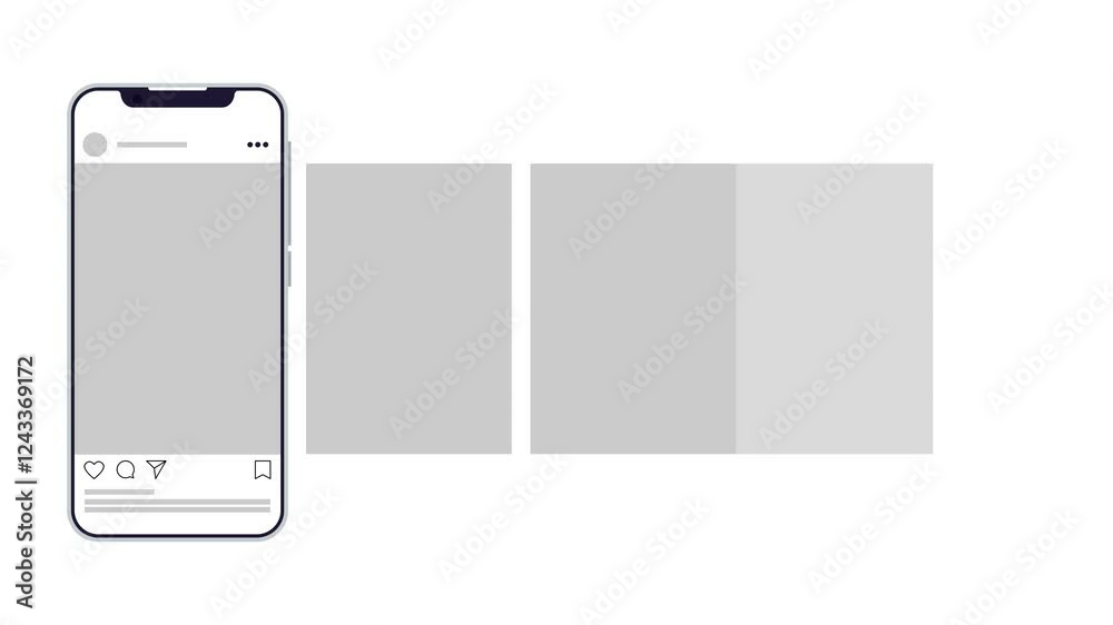 Social media post template mock-up with like, share, comment, and save icons. Blog banner frame animation with follow button click. 4K MOV alpha video with a neutral background for easy customization.