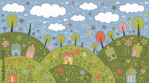 Cartoon Landscape with Houses and Flowers