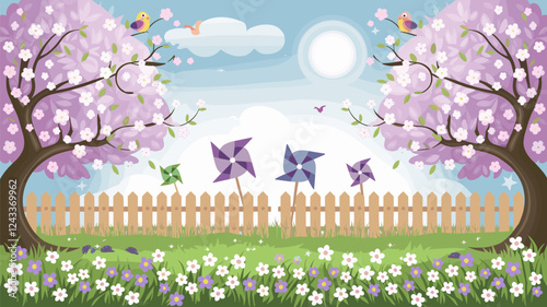 Spring Scene with Birds, Flowers, and Pinwheels Illustration