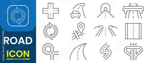 Road icon vector set. Road and Highway icon collection. Street, traffic, crossroad, tunnel route, driveway, highway or asphalt path, roadway, road fork, tunnel,  way for vehicles. Vector illustration.