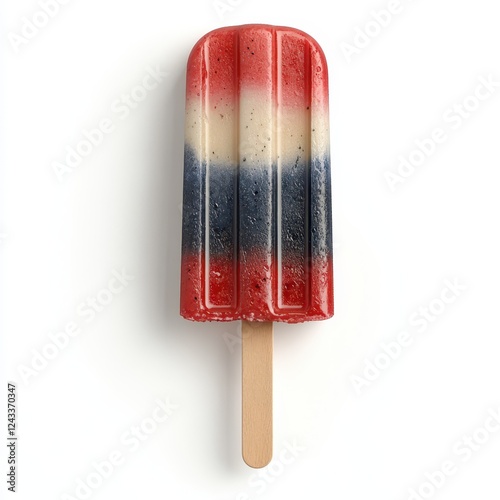 A realistic, detailed, and high-quality photo of an ice cream popsicle with red, white, and blue colors on it, isolated in the middle against a pure white background photo