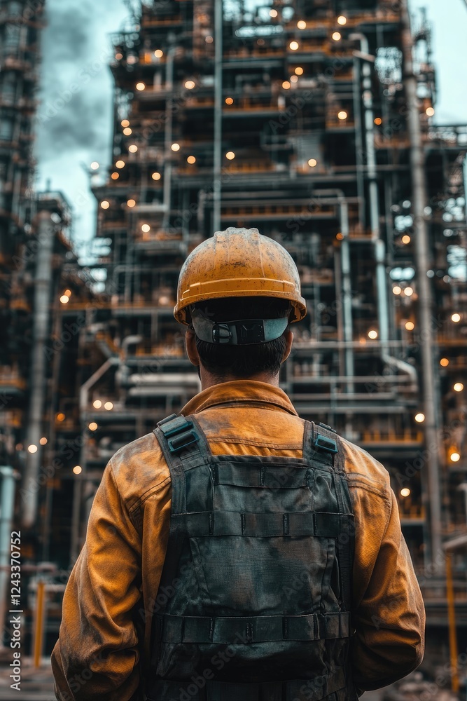 Engineer Overseeing Complex Industrial Plant Operations at Dawn Engineer Overseeing Complex Industrial Plant Operations at Dawn
