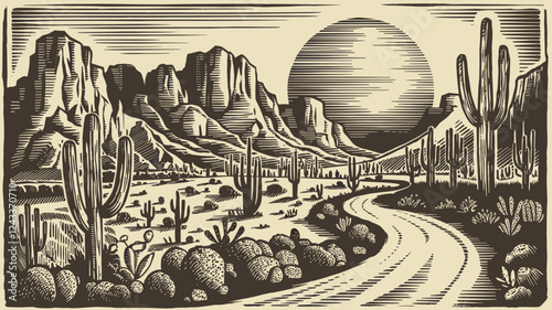 Vintage Desert Landscape with Cacti and Mountains