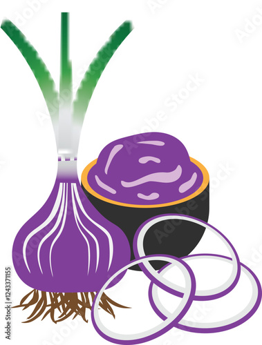 Illustration Of Onion Sauce In Bowl And Fresh Raw Onion