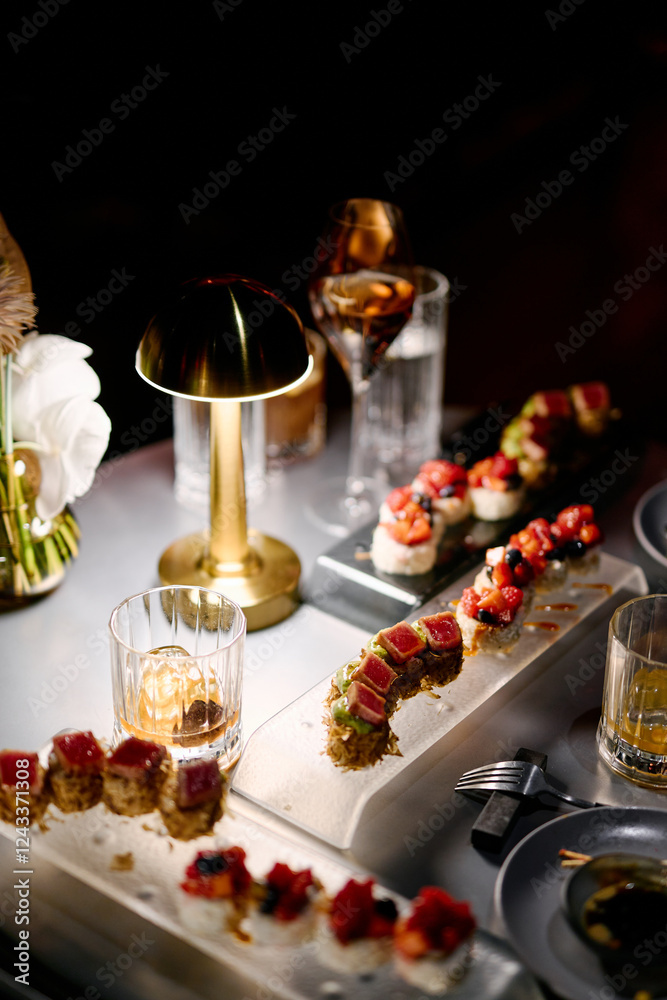 Naklejka premium Modern sushi serving at night in a restaurant