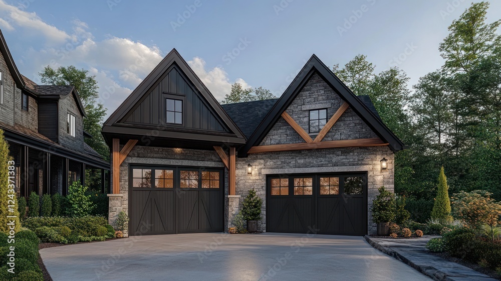 Suburban home's double garage doors, stone facade, evening Suburban home's double garage doors, stone facade, evening