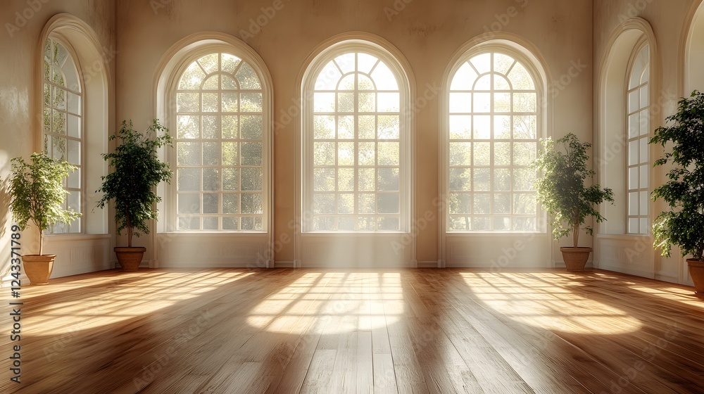 Beautiful architectural space with large windows illuminating an elegant wood floor and softly colored walls, detailed 8K 3D image Beautiful architectural space with large windows illuminating an elegant wood floor and softly colored walls, detailed 8K 3D image