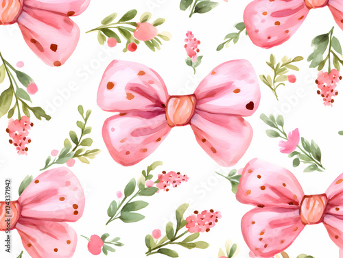 Seamless Watercolor Pink Bow Pattern with Floral Accents