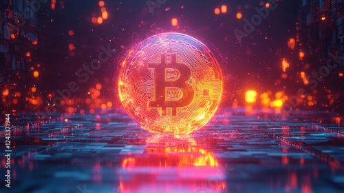 A glowing Bitcoin symbol surrounded by digital elements and fiery particles, representing cryptocurrency and blockchain technology.