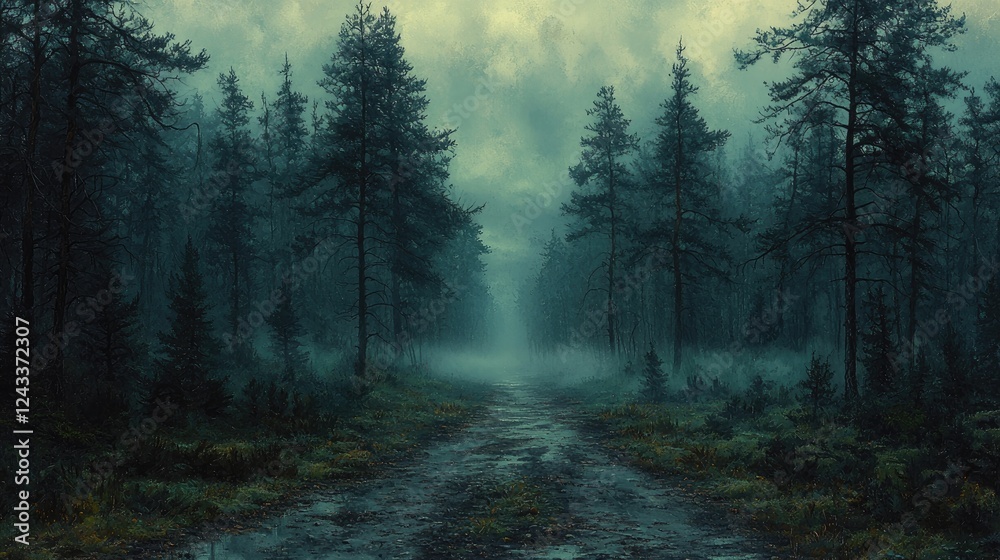 Fototapeta premium Misty Forest Path A Serene Woodland Scene