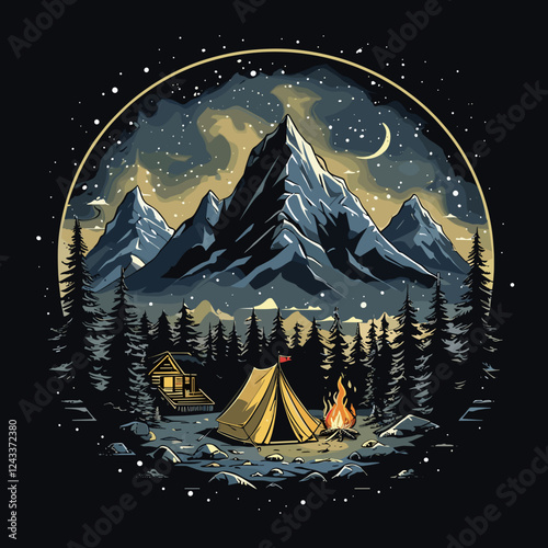 Camping scene under the stars, peaceful mood, tent and campfire by the mountains, night landscape