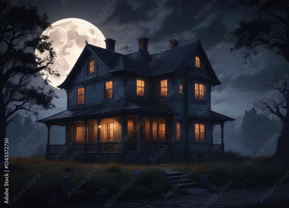 Spooky old house with glowing windows under full moon, glowing windows, haunted mansion Spooky old house with glowing windows under full moon, glowing windows, haunted mansion
