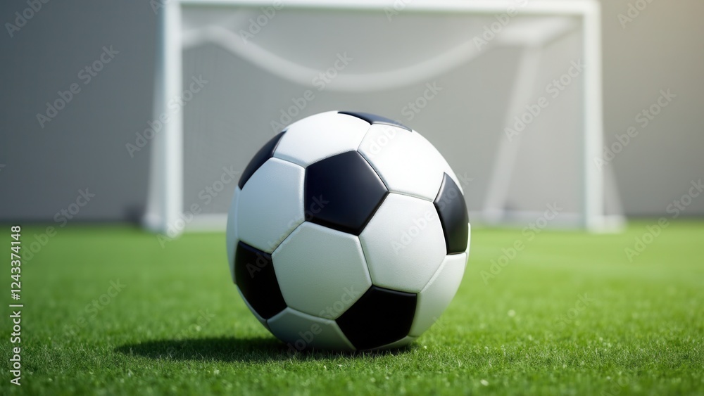 A soccer ball on a green field with a goal in the background. A soccer ball on a green field with a goal in the background.
