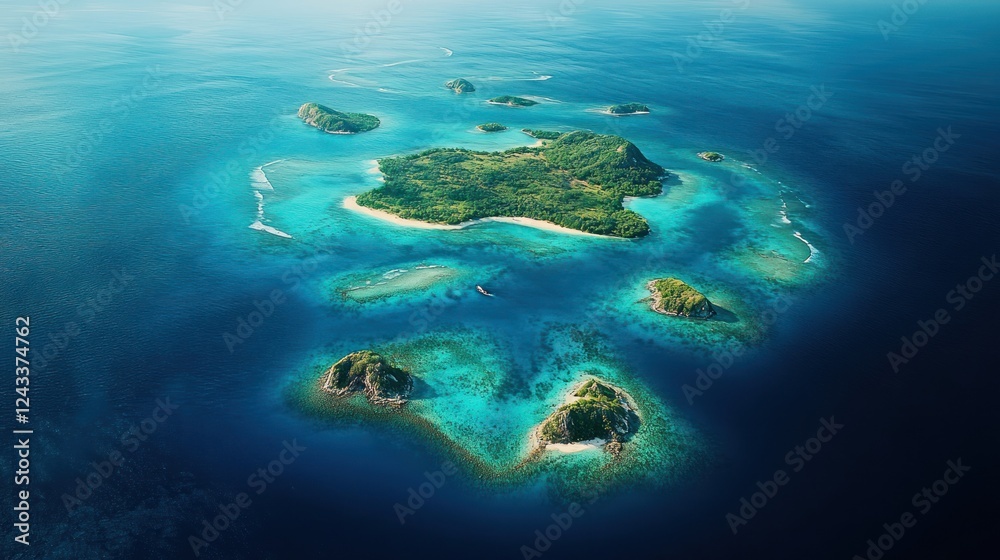 Fototapeta premium Breathtaking aerial view of tropical islands surrounded by vibrant blue ocean waters at midday. Generative AI