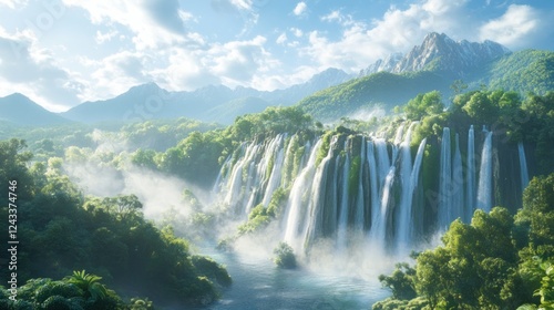 Majestic Waterfall, Lush Mountain Valley, Sunrise Mist
