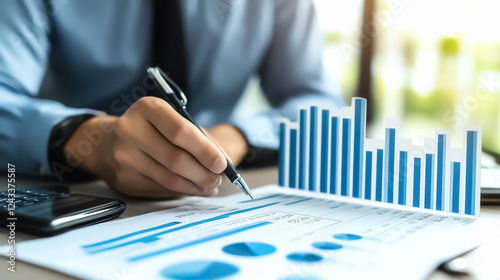 A businessman analyzing a bar chart showing exponential savings growth photo