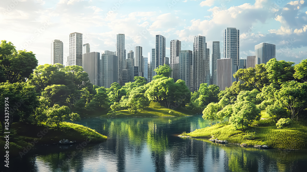 Naklejka premium A hybrid urban forest combining AI technology and nature restoration