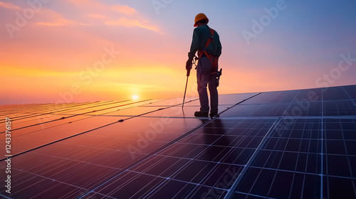 A technician cleaning solar panels at sunrise, ensuring peak efficiency