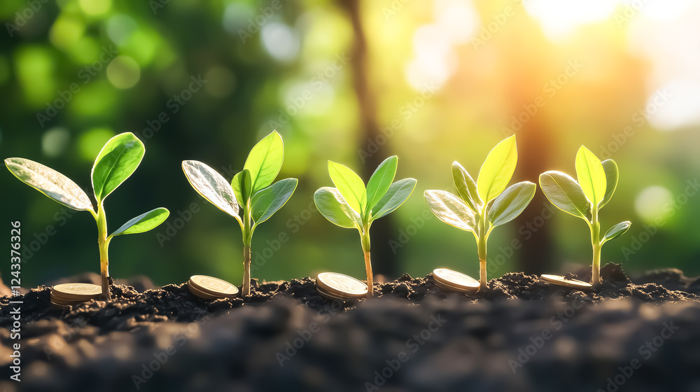 Abstract concept of growing money, with coins sprouting leaves Abstract concept of growing money, with coins sprouting leaves