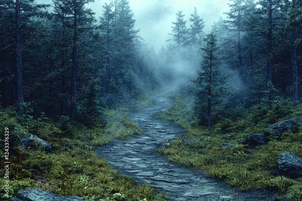 Misty Forest Path Winding Through Ancient Trees Misty Forest Path Winding Through Ancient Trees