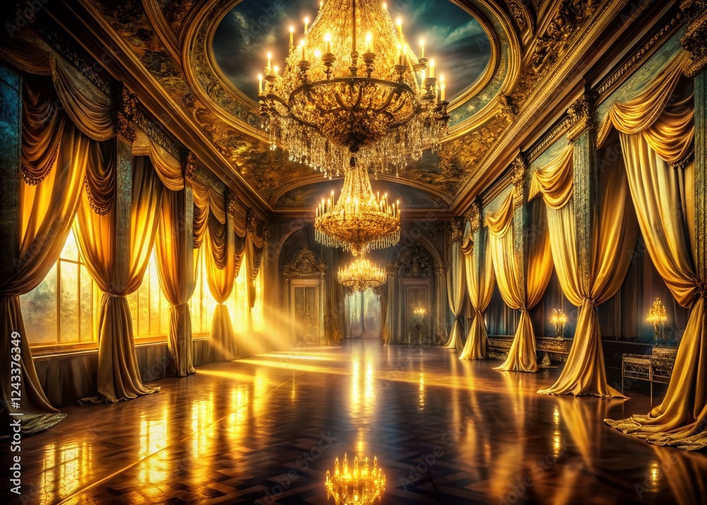 Obraz premium Elegant Dimly Lit Ballroom: Double Exposure of Luxurious Chandeliers & Golden Drapery