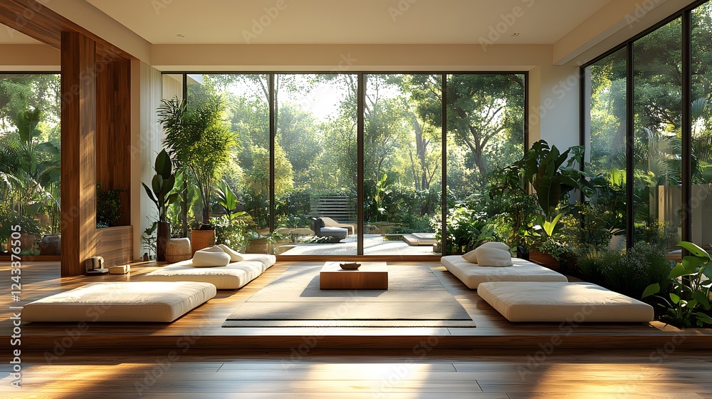 Fototapeta premium Luxurious open space with a serene wooden floor, harmonious color palette, and large sunlit windows, ultra-detailed 8K 3D render