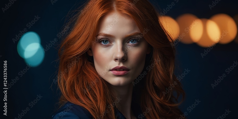 Naklejka premium Portrait of a woman with long red hair against a dark background with soft bokeh lights during nighttime
