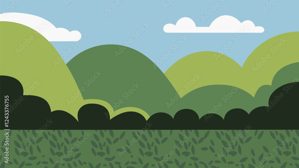 Fototapeta premium Green Hills with Forest Treeline and Clouds