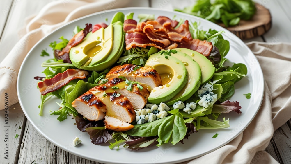A crisp white plate holds fresh greens, grilled chicken, avocado, bacon, and blue cheese, drizzled with zesty vinaigrette, evoking a warm, wholesome meal. A crisp white plate holds fresh greens, grilled chicken, avocado, bacon, and blue cheese, drizzled with zesty vinaigrette, evoking a warm, wholesome meal.