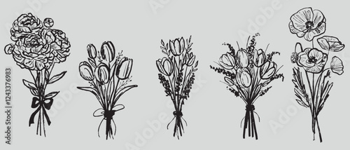 Spring flower bouquets design. Peony, tulip and poppy floral composition in brush stroke texture. Hand drawn vector sketch illustration in vintage charcoal ink style. 8 March, wedding design.